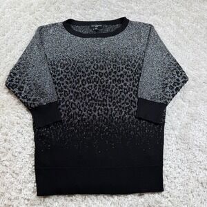 L.N. Studio Petite Womens Sweater PM Black Silver Animal Print Sparkle Party